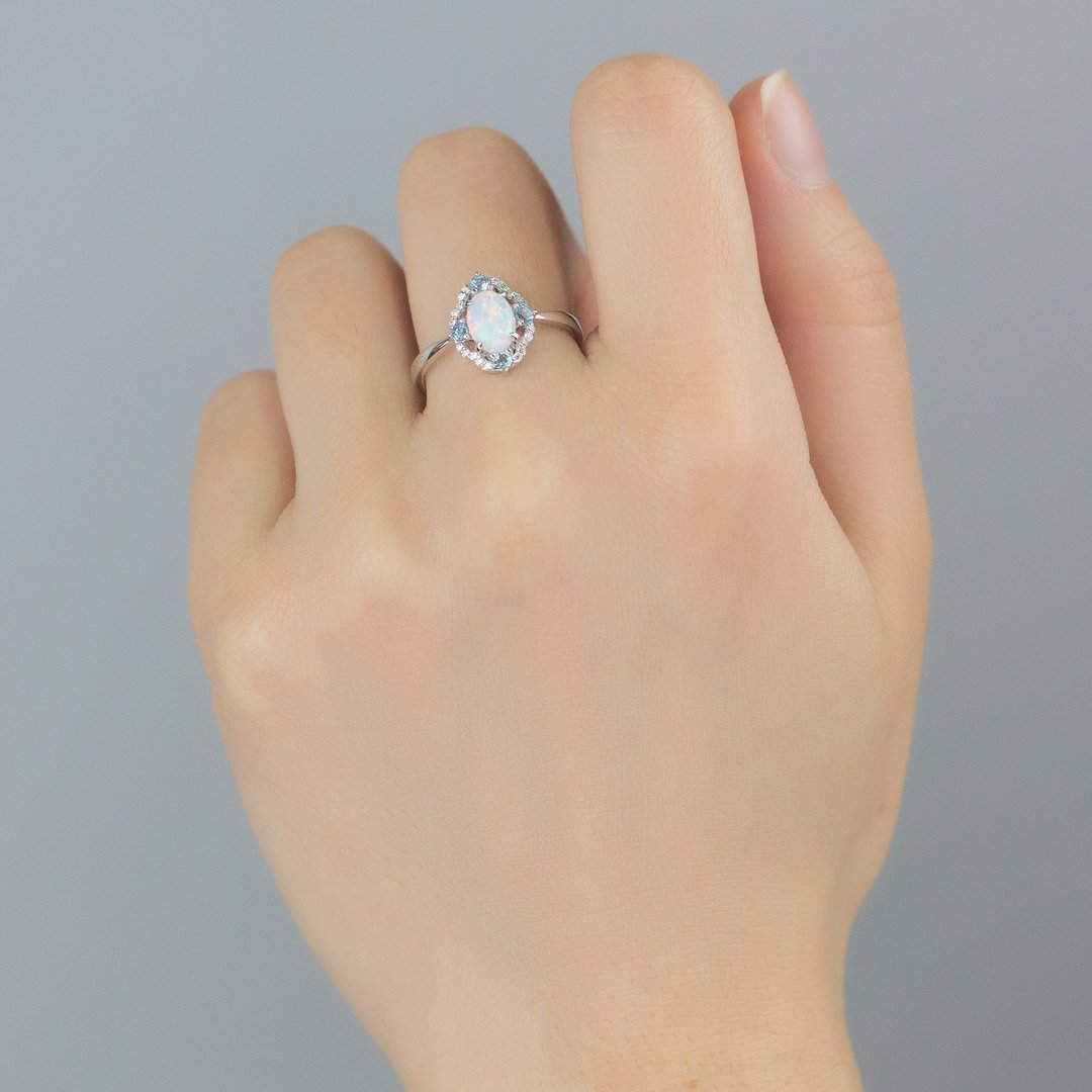 【PurpleMay Jewellery】18K天然澳宝蛋白石托帕石钻石戒指 R097 - 戒指 - 宝石 蓝色
