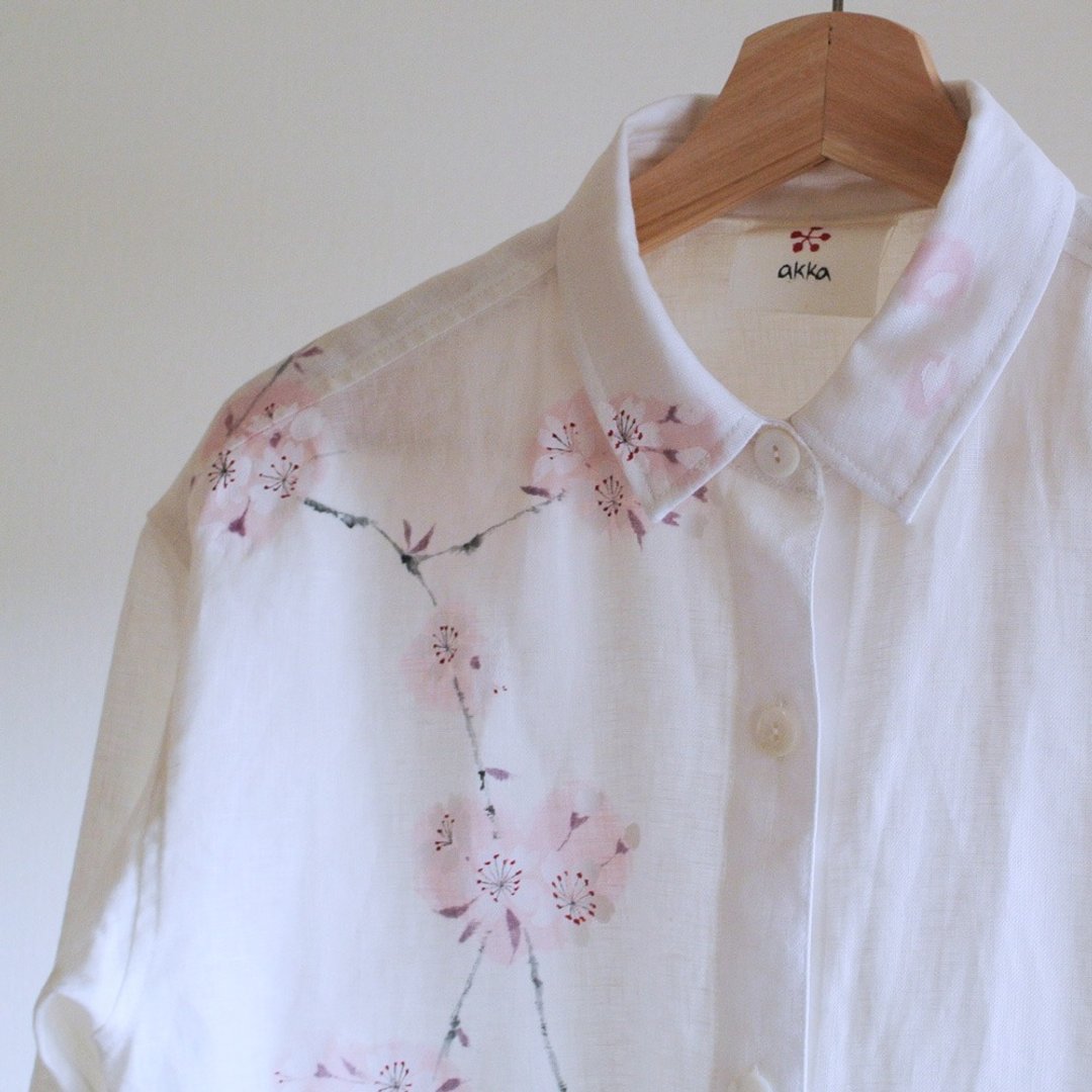 Linen shirt white sakura - 女装上衣 - 棉 白色