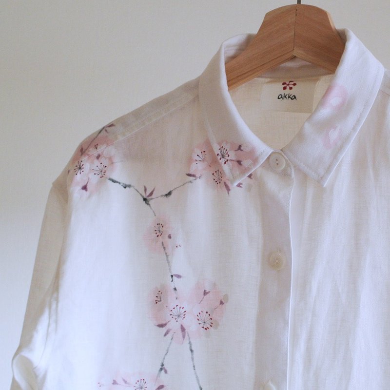 Linen shirt white sakura - 女装上衣 - 棉．麻 白色