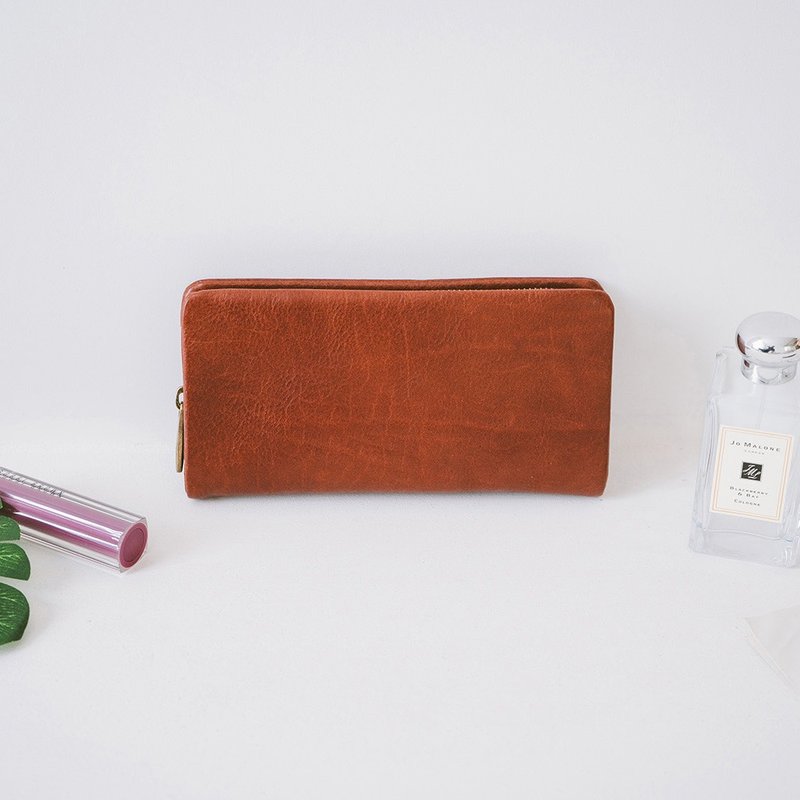 【礼盒】魅力真皮拉链长夹 X8122 撞色红棕 - 皮夹/钱包 - 真皮 红色