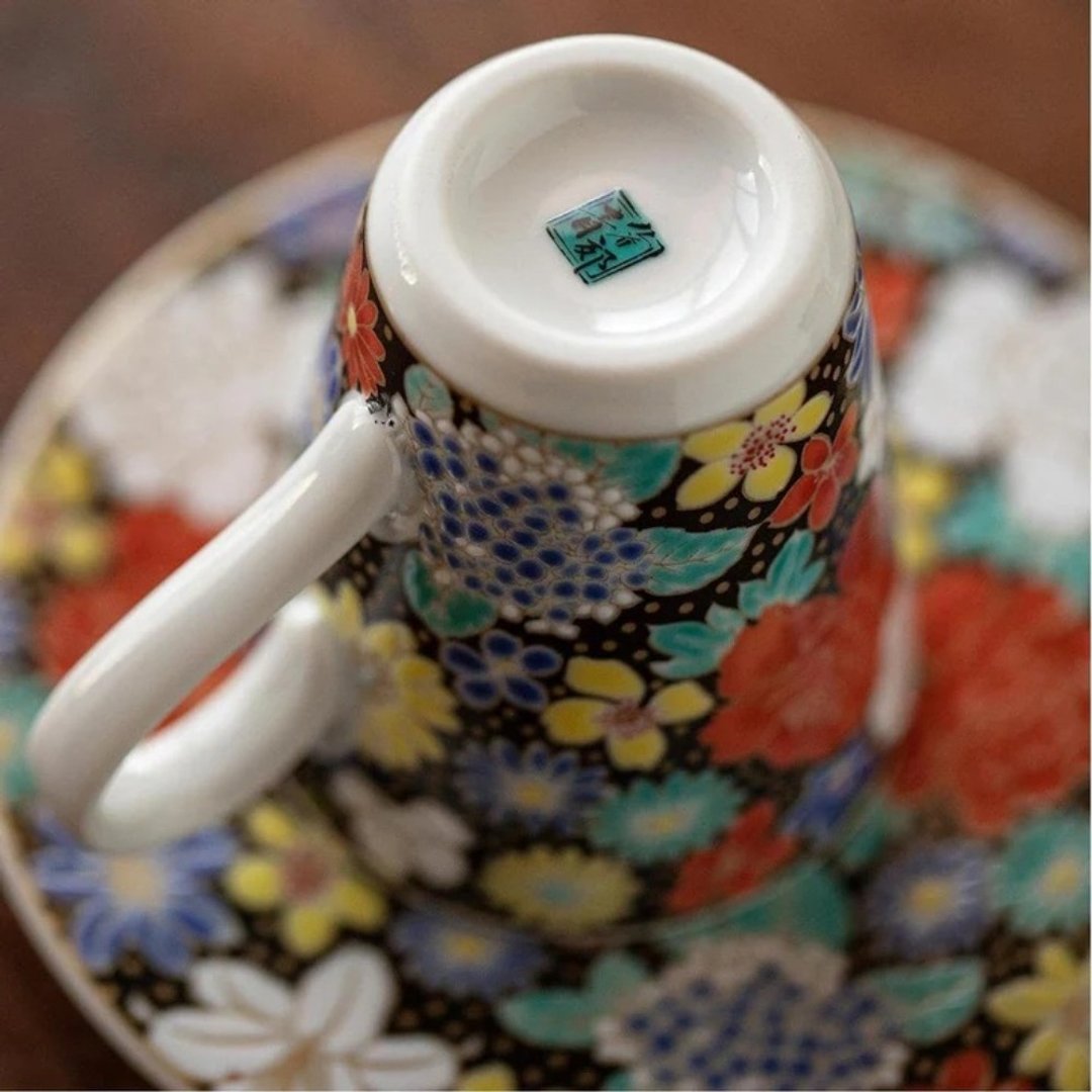 【九谷烧】青郊窑缘起马克杯盘组-花诘 - 咖啡杯/马克杯 - 瓷 