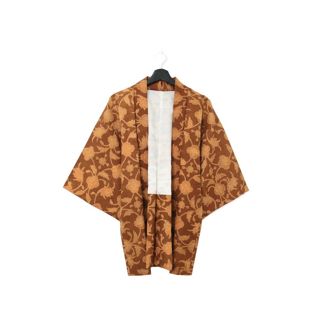 Back to Green-日本带回羽织 花多交织 棕橘kb-67/vintage kimono - 女装休闲/机能外套 - 丝．绢 