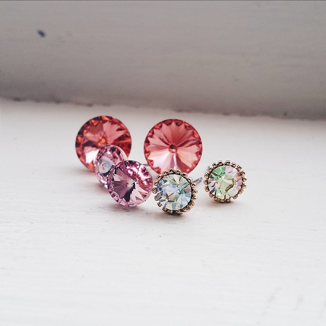 momolico 耳环 swarovski 简单风 (3对) - 耳环/耳夹 - 其他材质 红色