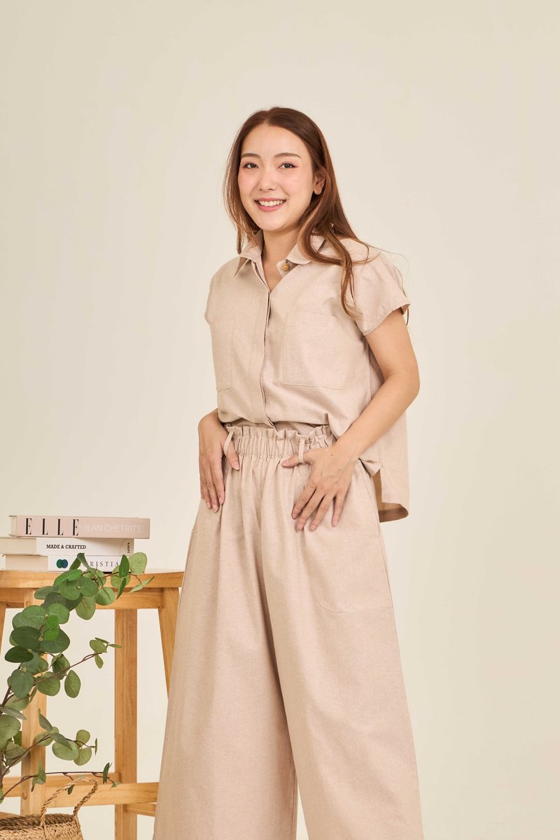 牛津棉质高腰宽裤 - CHAAIM : 米白色 - 女装长裤 - 棉．麻 卡其色