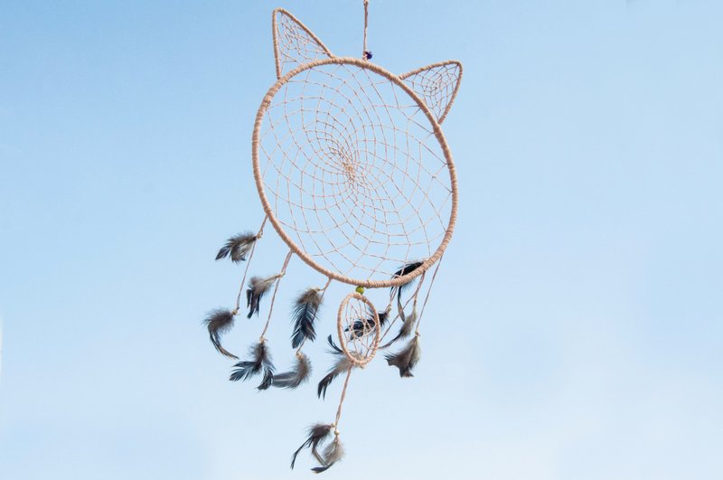 情人节礼物 生日礼物 圣诞节礼物 民族风 boho 手工编织棉麻大地色捕梦网吊饰dream Cather / 手工钩织捕梦网 - 可爱猫咪造型捕梦网 23cm - 摆饰 - 棉．麻 粉红色