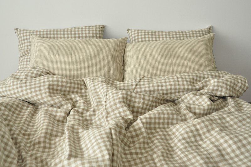Beige checked linen duvet cover / Softened linen / Comforter cover / Quilt cover - 寝具 - 亚麻 卡其色