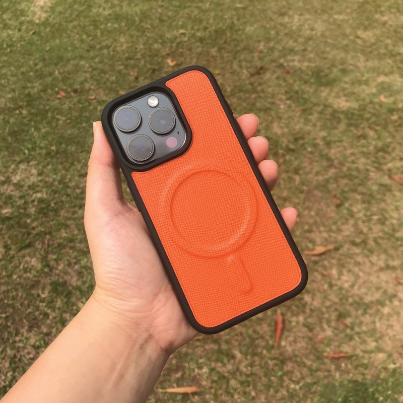 【iPhone磁吸手机壳】橙色十字纹牛皮/支持Magsafe/多款型号 - 手机壳/手机套 - 真皮 橘色