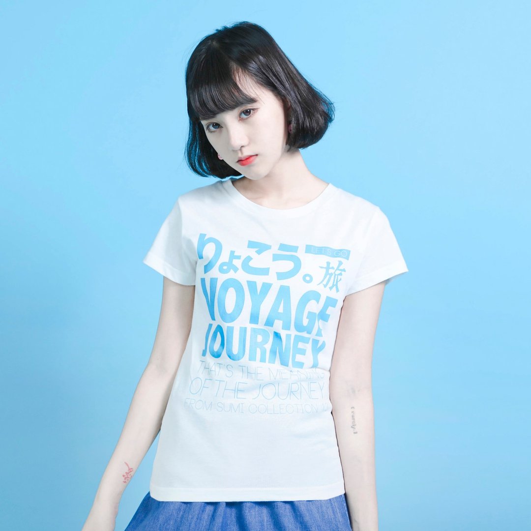 Travel 旅行语言T-shirt_合身版_6SF008_米白/天空蓝 - 女装 T 恤 - 棉 白色