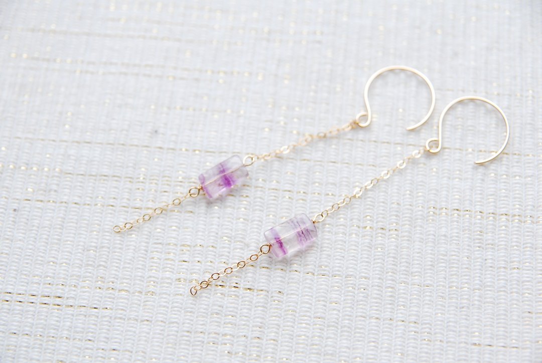 Square Fluorite Swing Earrings (14kgf) - 耳环/耳夹 - 宝石 紫色