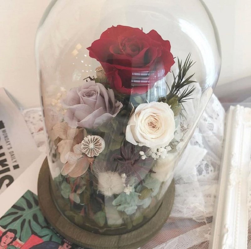 经典红永生玻璃罩钟花 永生玫瑰 情人节礼物 红色玫瑰 - 摆饰 - 植物．花 红色