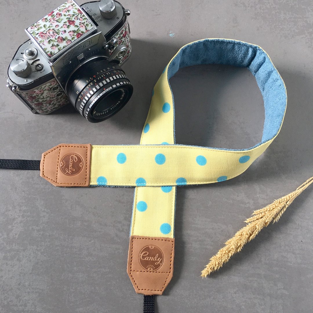 Yellow Blue Polkadot Mirrorless or DSLR Camera Strap - 相机 - 棉 黄色