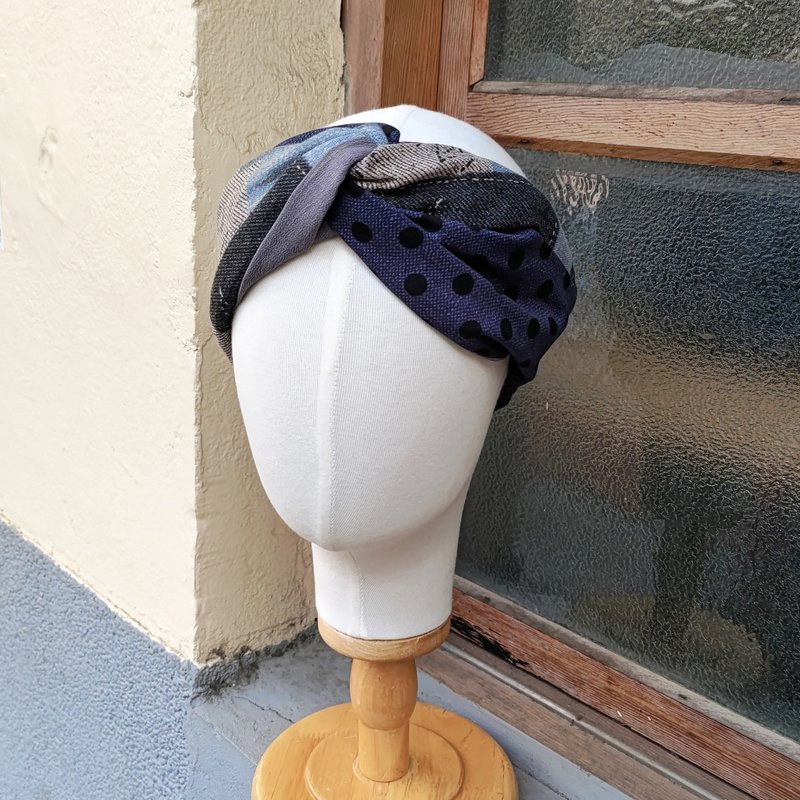 小牛村 弹性发带 牛仔拼接 百搭点点 灰蓝【丹宁涂鸦】 - 发饰 - 棉．麻 灰色