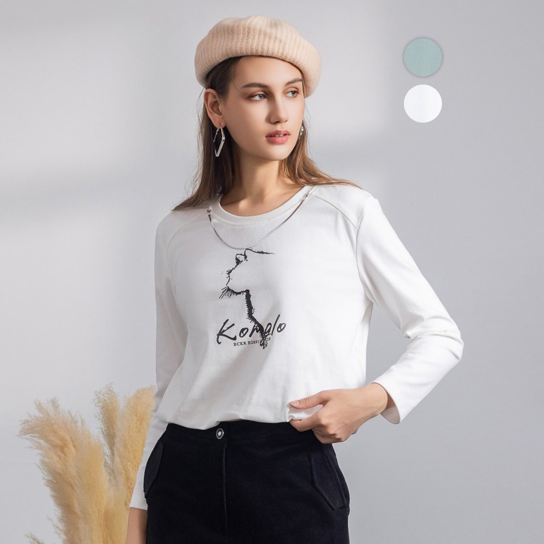 【MEDUSA】猫咪缩口下摆长袖T恤 - 2色(M-XL) | 女T恤 女长袖上衣 - 女装 T 恤 - 棉 白色