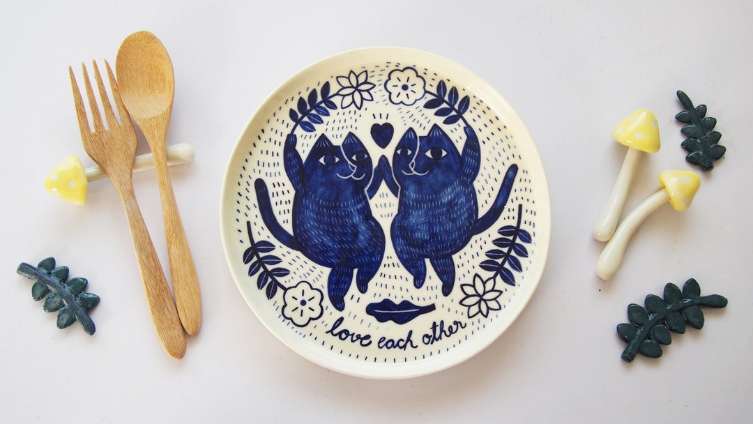 Couple Cat (L) l ceramics l May & Clay Ceramics Studio. - 浅碟/小碟子 - 陶 蓝色
