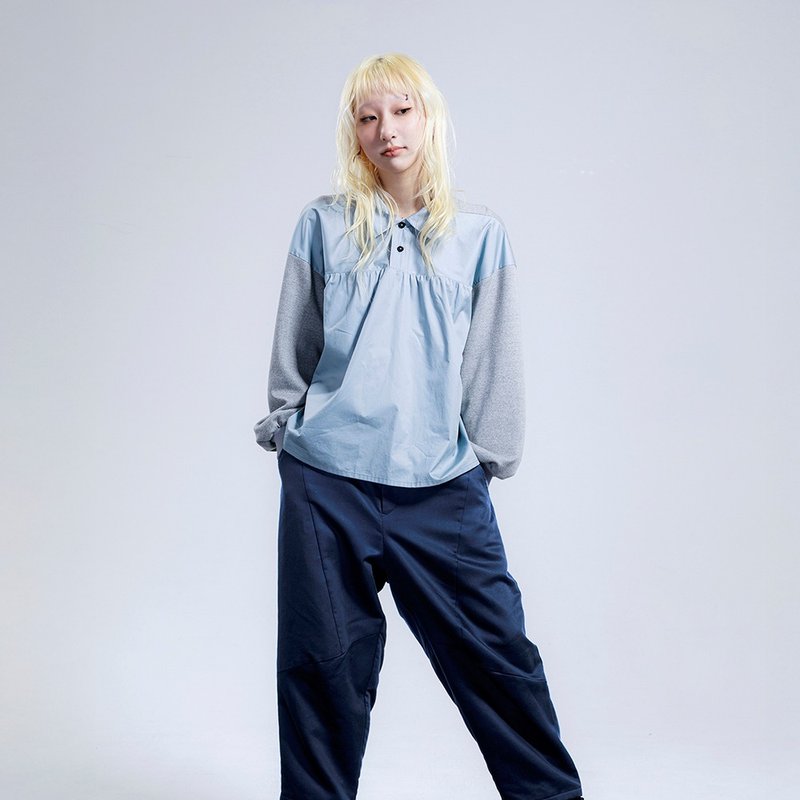 静雾衬领罗袖拼接上衣 - 女装上衣 - 其他材质 蓝色