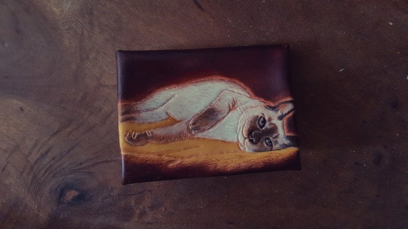 定制宠物猫咪焦茶色四角纯牛皮零钱包- 订作生日、情人送礼 - 零钱包 - 真皮 咖啡色