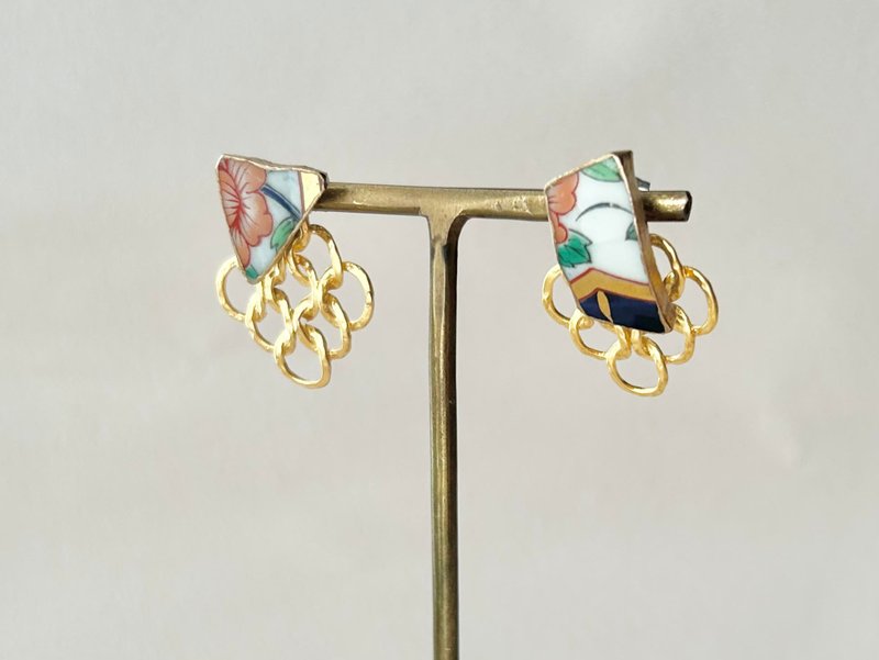 有田烧 金继 医疗级不锈钢耳环 双向设计 叶纹 花纹 天然石 传统工艺 No.226 - 耳环/耳夹 - 陶 金色