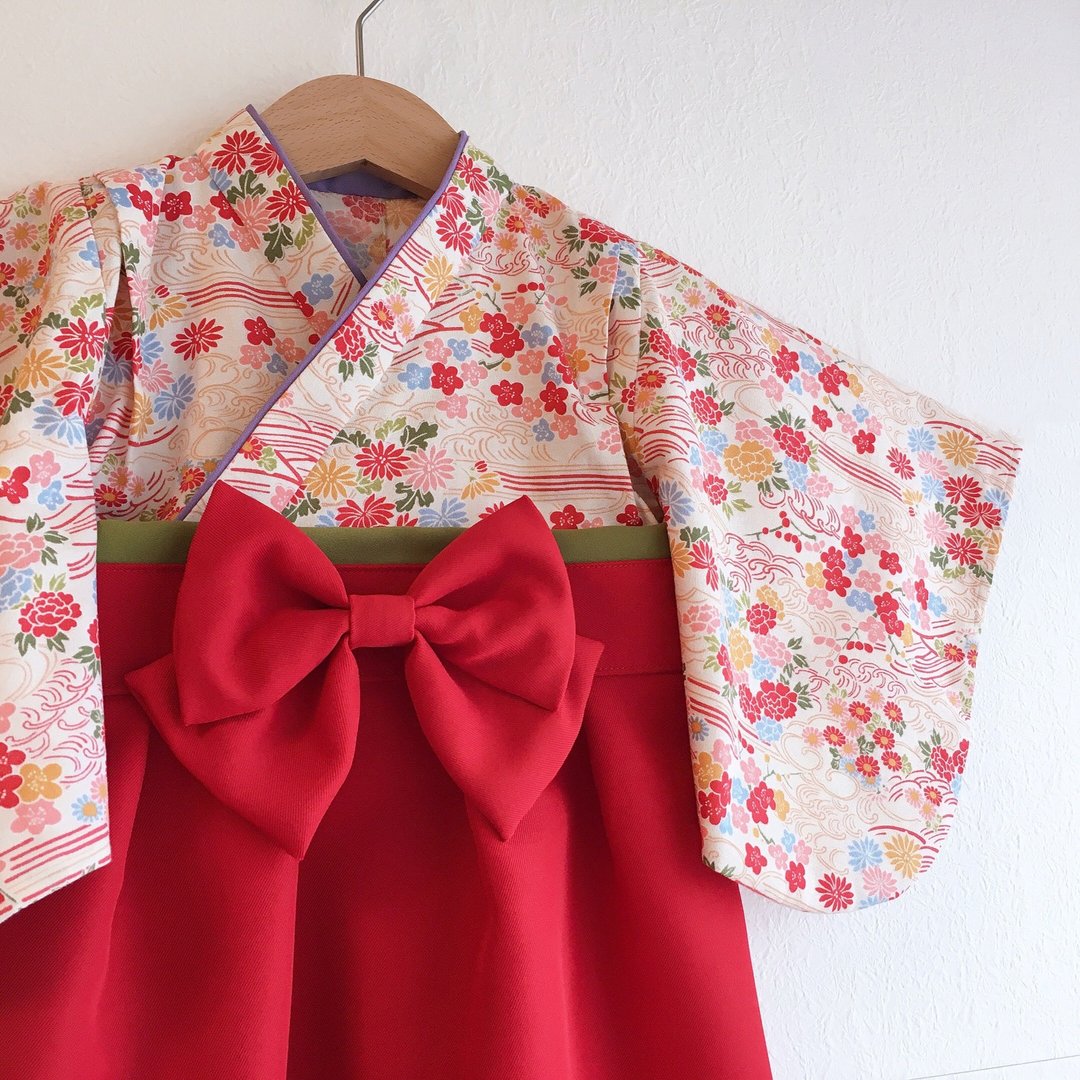 Hakama Dress 日本裤连衣裙-和小花-Red (女童/嬰兒/兒童) - 童装礼服/连衣裙 - 棉 红色