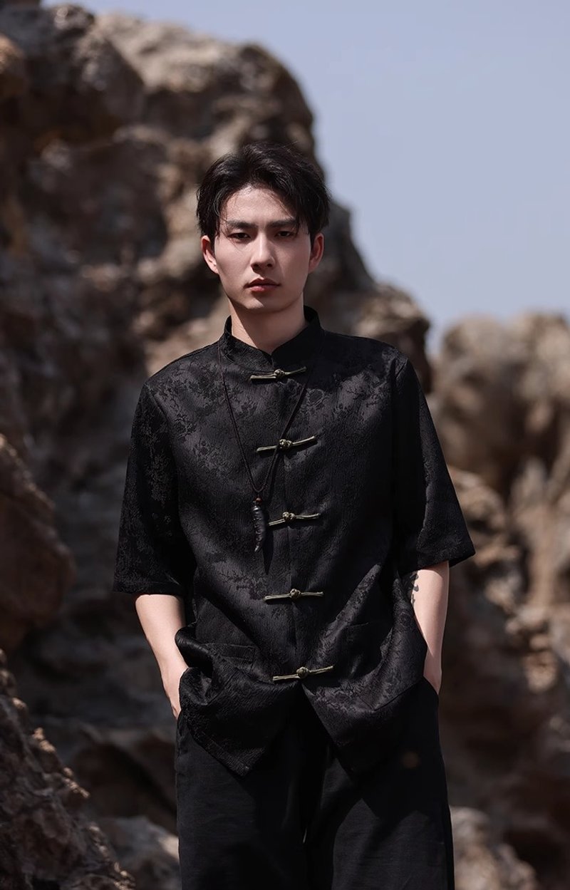 新中式复古 撞色盘扣短袖衬衫 - 男装衬衫 - 其他材质 黑色