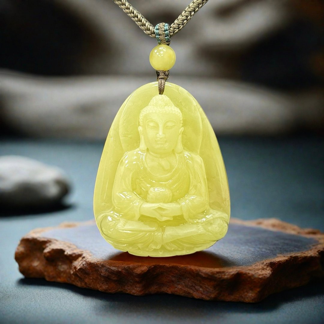 腾彪琥珀 天然琥珀蜜蜡 满蜜 大师精雕 阿弥陀佛 典藏 项链坠 - 项链 - 半宝石 黄色