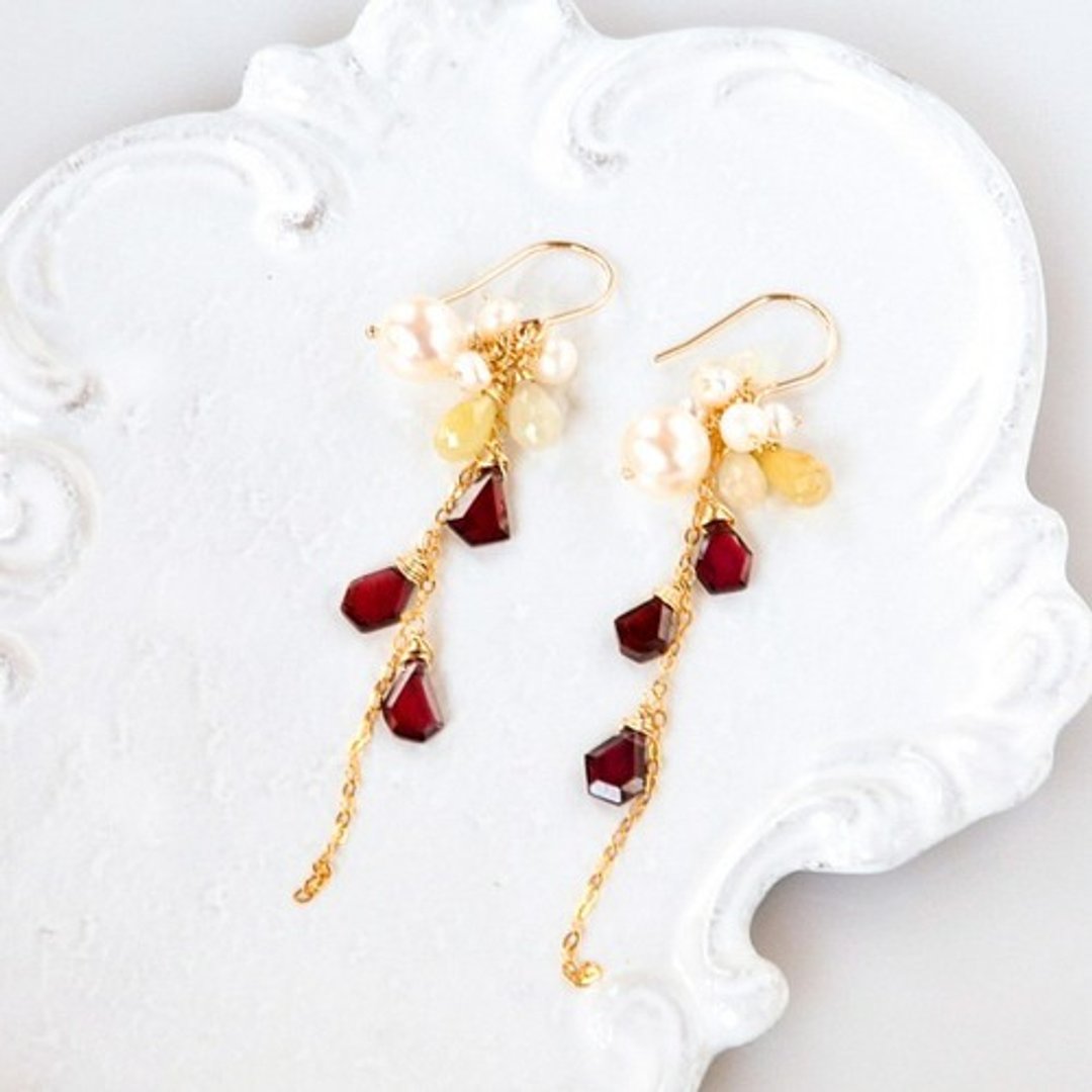 14kgf/Rhodolite Garnet x Akoya Pearl x Sapphire Earrings - 耳环/耳夹 - 宝石 