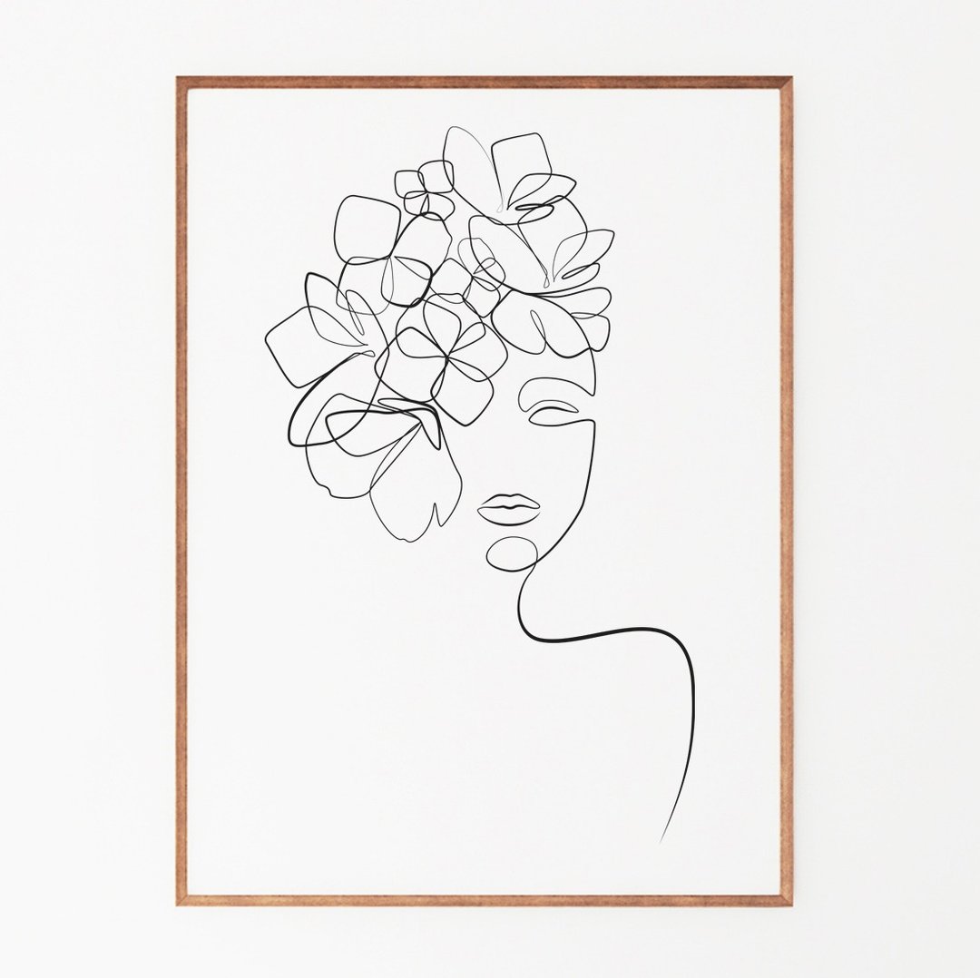 Woman with flowers on her head line art Printable wall art - Digital Files - jpg - 电子手绘真人画像/绘画/插画 - 其他材质 