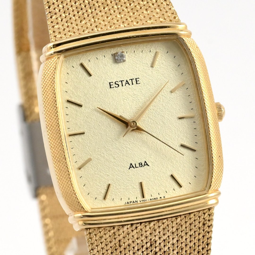 SEIKO ALBA ESTATE 男款/中性款 石英表 26mm 方形表壳 1颗钻石 金色 古董表 - 男表/中性表 - 不锈钢 金色