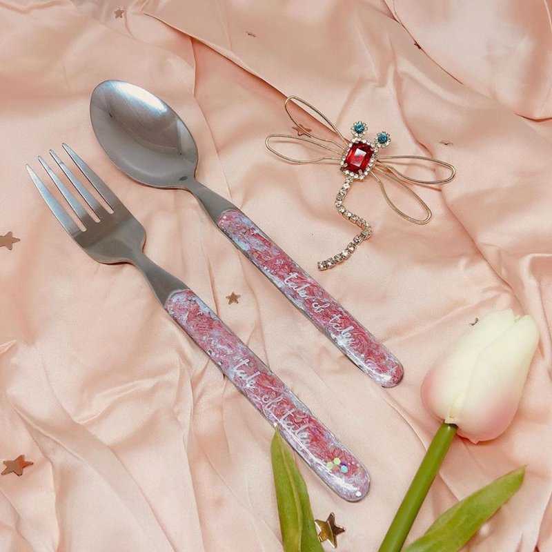 Custom Name on Fairy tales spoon (Pink) Handmade Epoxey - 餐刀/叉/匙组合 - 其他金属 
