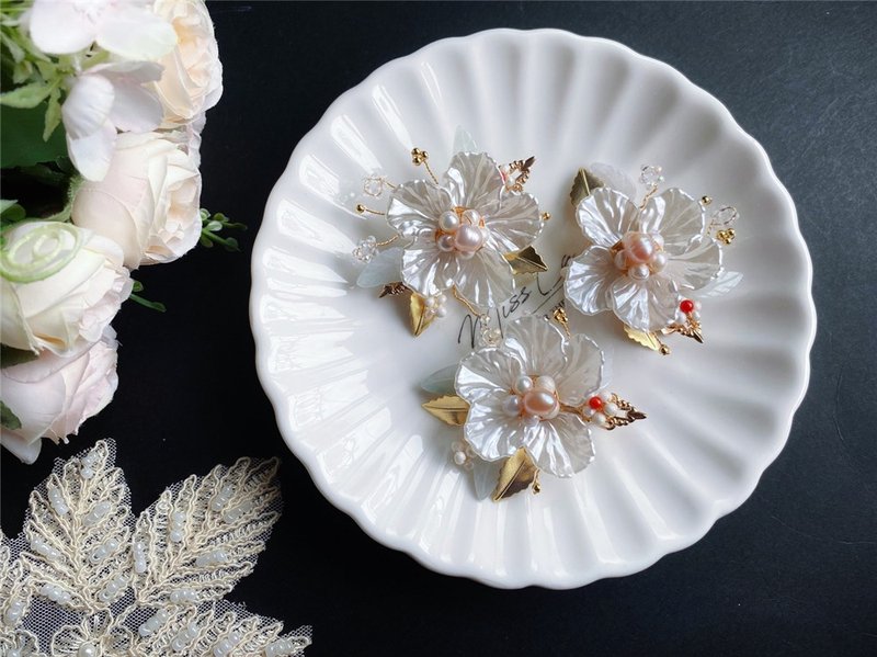 天然缅甸玉 翡翠 珍珠 绕金线 花 发夹 礼物 天然石 水晶 - 发饰 - 珍珠 白色