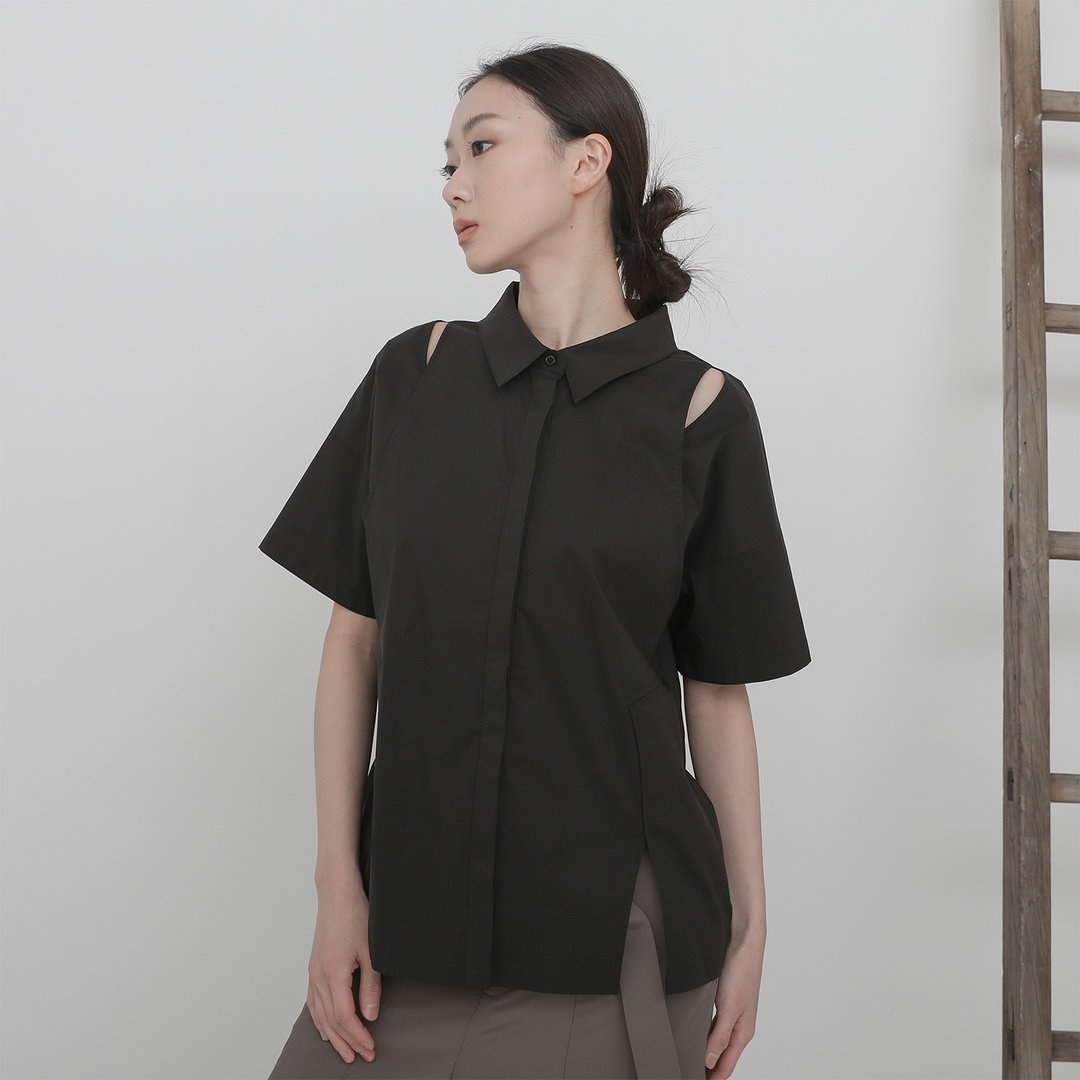 Zhinian_执念裁片镂空衬衫_23SF004_黑 - 女装衬衫 - 聚酯纤维 