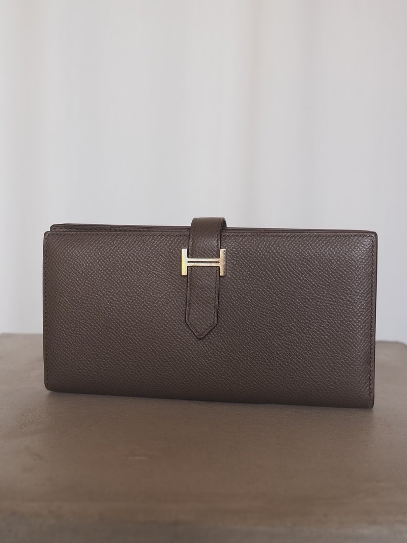 HERMÈS Béarn Soufflet 长夹 Hermès 简约 H 扣 灰褐色 银色 古董 - 皮夹/钱包 - 真皮 卡其色
