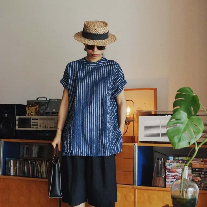 藍白條紋 棉麻短袖上衣襯衣 砂洗重磅亞麻 夏季舒適涼爽 - 女装背心 - 棉 蓝色