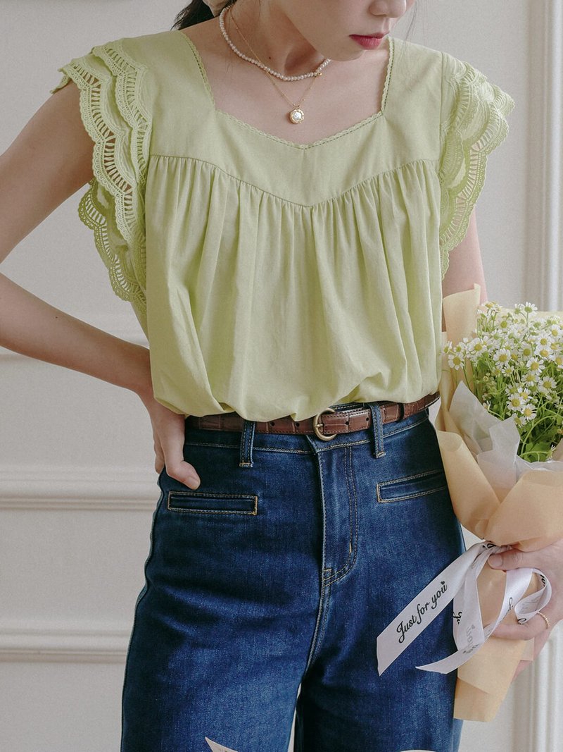 【SR全館一件包郵】Karla 夏季法式方领小飞袖衬衫 - 女装上衣 - 棉．麻 绿色