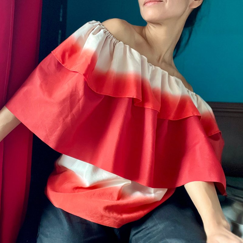 和服改造 红色金鱼斜肩宽松上衣 两穿设计 - 女装上衣 - 丝．绢 红色