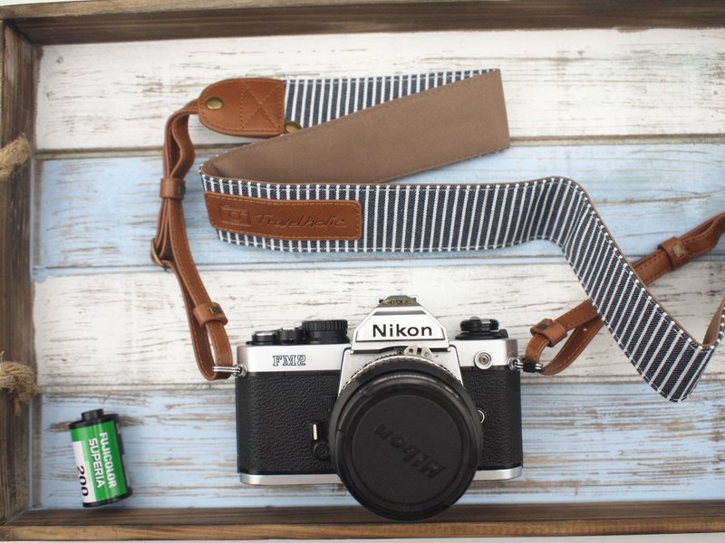旅行相机颈带 (航海蓝白条纹) - 相机 - 真皮 蓝色