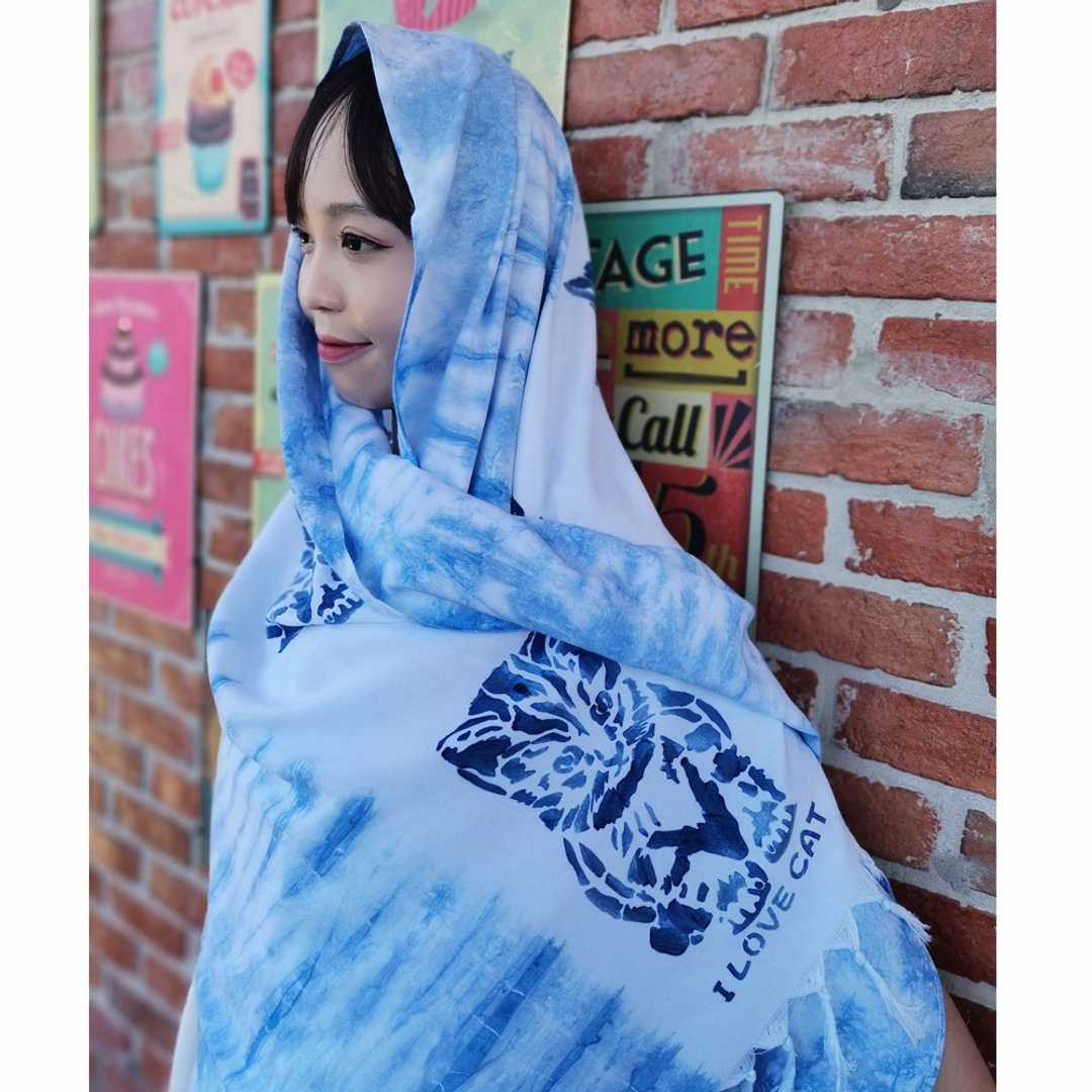Indigo Scarf (Tiedye + Painting CAT) natural color  - HOMRAK - 丝巾 - 棉 蓝色