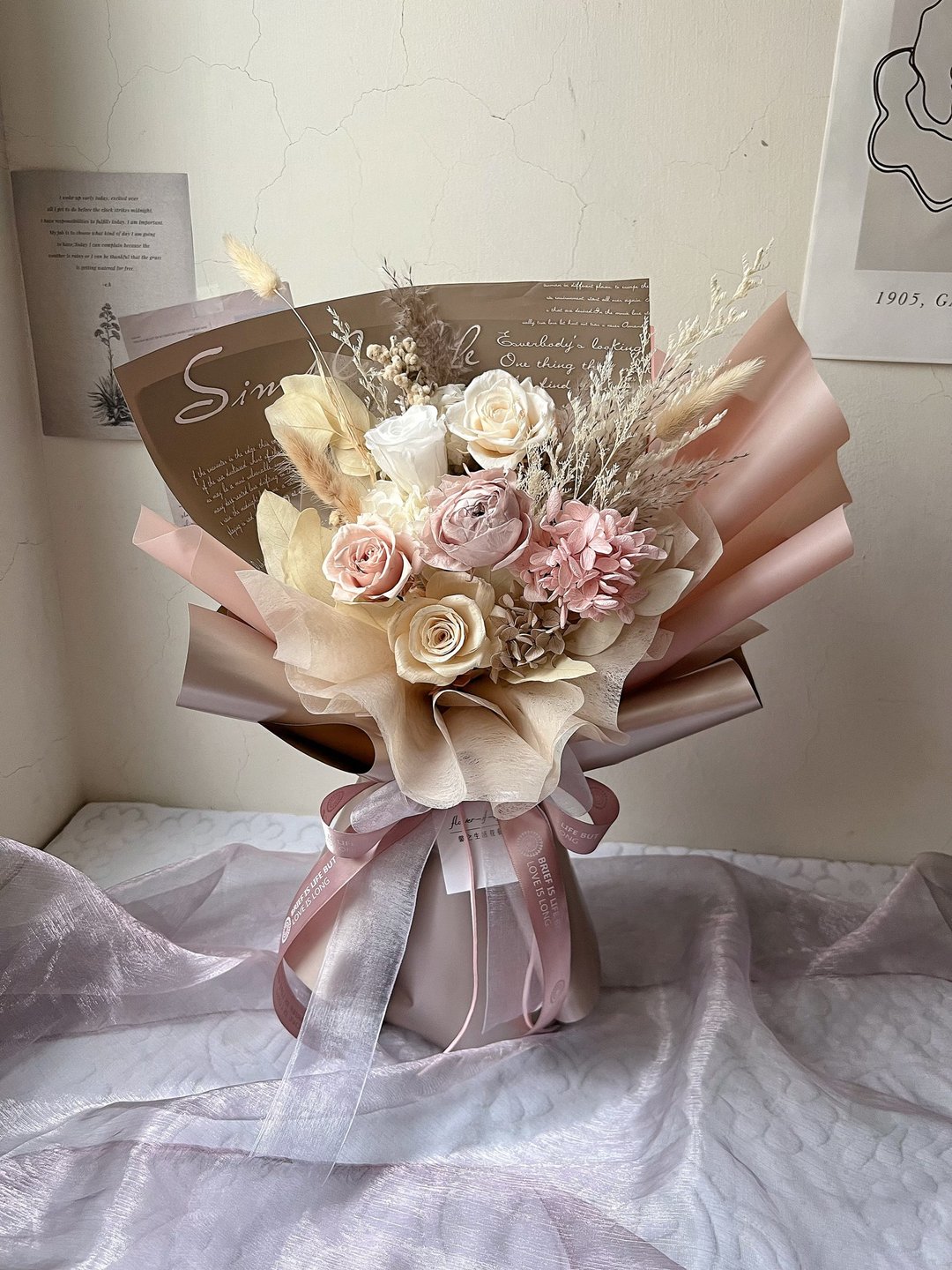 【flower-of-life】奶咖色永生花束 日本永生花 小众花束 生日 - 干燥花/捧花 - 植物．花 卡其色