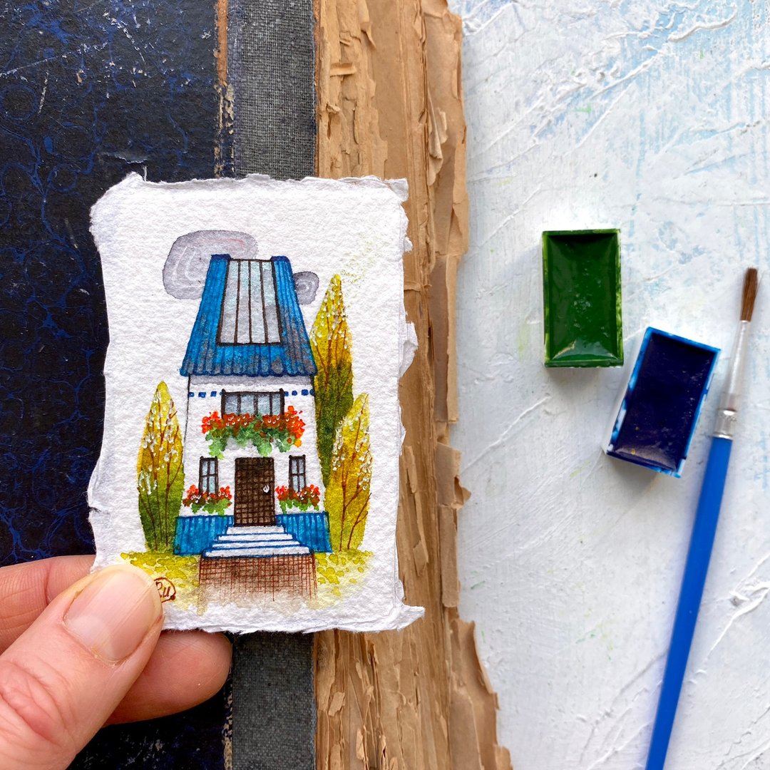 Mini house art Original painting Tiny watercolor Miniature artwork by Rubinova - 海报/装饰画/版画 - 纸 蓝色