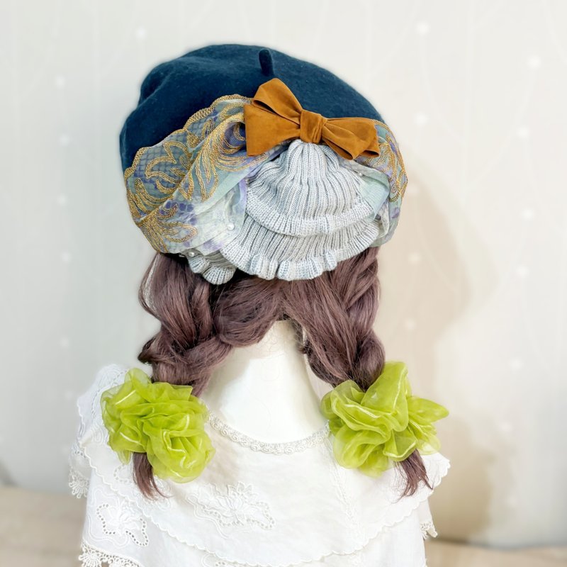 贝蕾帽beret 蓝绿色 贝雷帽 羊毛帽 刺绣蕾丝帽子 蓓蕾帽 画家 - 帽子 - 羊毛 蓝色