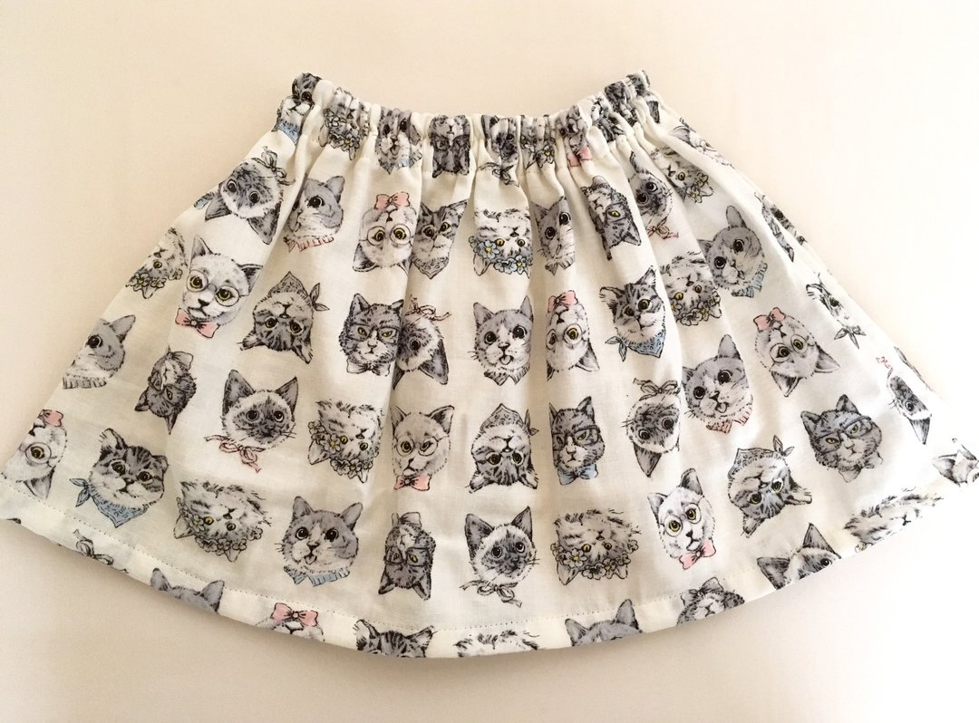 Mama and Matching * Gather Skirt of Fluffy Double Gauze * Spoof Cat Pattern * Parent and Child * Off White - 其他 - 棉 白色