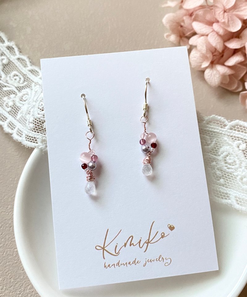 粉猫眼 × 月光石 【925纯银诞生石耳环】 - 耳环/耳夹 - 水晶 粉红色