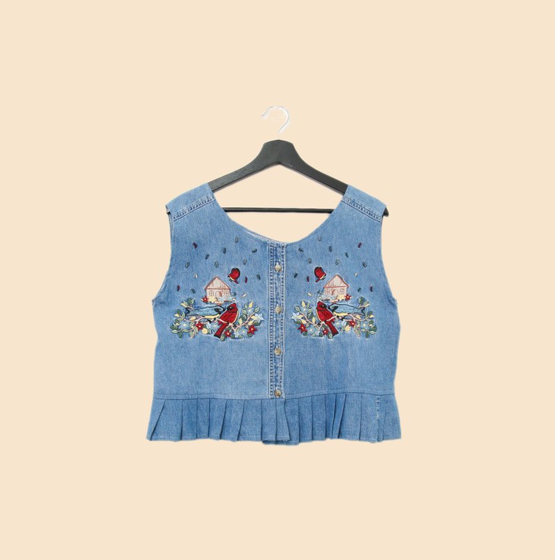 Back to Green-丹宁刺绣背心 美满 夫妻鸟 dv-35//vintage vest - 女装背心 - 棉．麻 