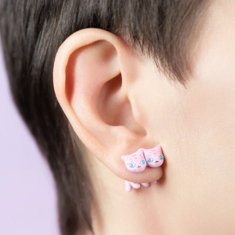 双头粉红色老虎耳环 - 爱猫人士的可爱珠宝 - 手工艺术 - 耳环/耳夹 - 其他材质 粉红色