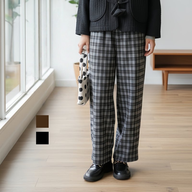 格纹提花针织直筒长裤 - 女装长裤 - 聚酯纤维 黑色