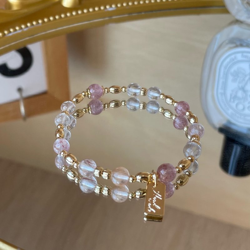 /粉雪之愿/ 爱情运 招财 冰淇淋粉兔毛发晶 草莓晶 - 手链/手环 - 水晶 粉红色