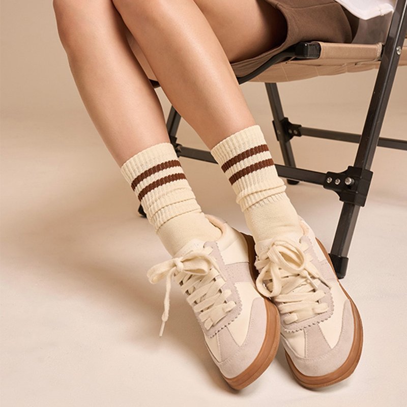 【FOOTER】Brooklyn144 美式针织袜 (N200-咖啡条纹) - 袜子 - 棉．麻 白色