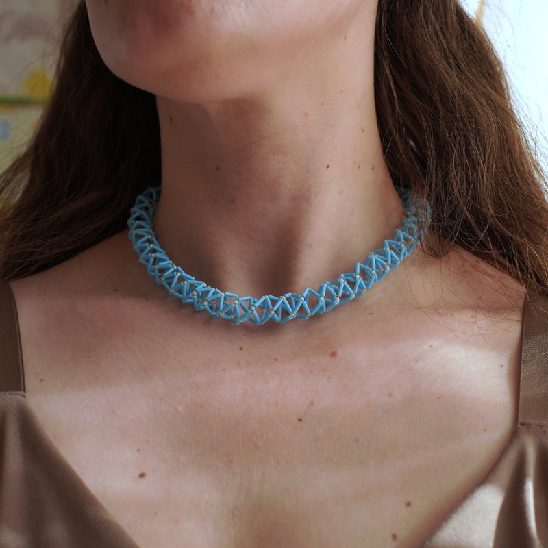 手工 Miyuki 玻璃管珠颈链 – 精致几何设计 - 项链 - 玻璃 蓝色