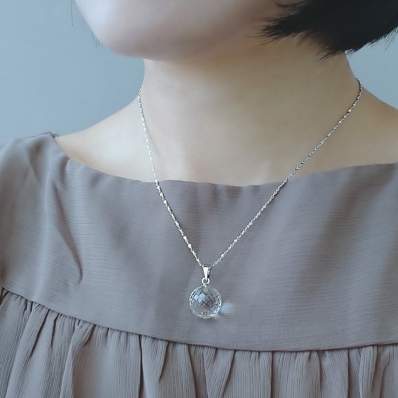 天然白水晶球 钻石切割 纯银项链 12mm | 可单购坠子 - 项链 - 水晶 透明