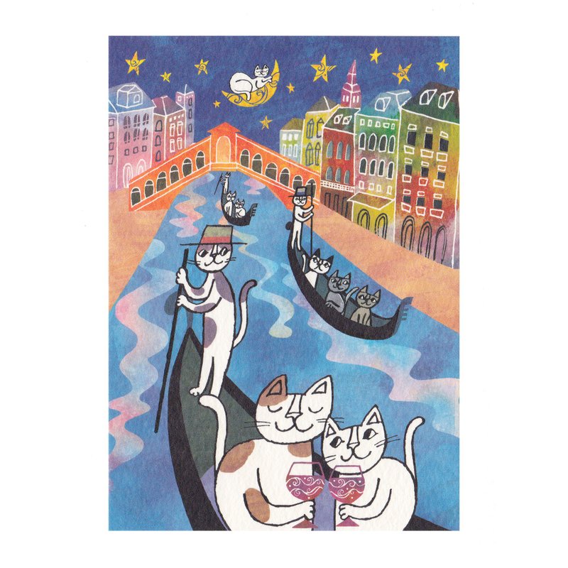 日本插画家 冈部哲郎 猫咪明信片 【威尼斯之夜】 - 卡片/明信片 - 纸 蓝色