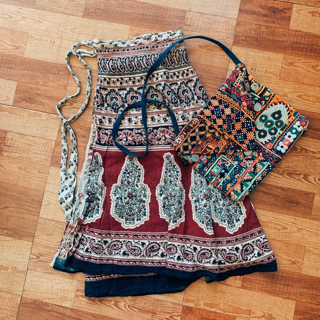 Vintage 印度盖印一片式绑带半身裙 midi skirt - 裙子 - 棉 